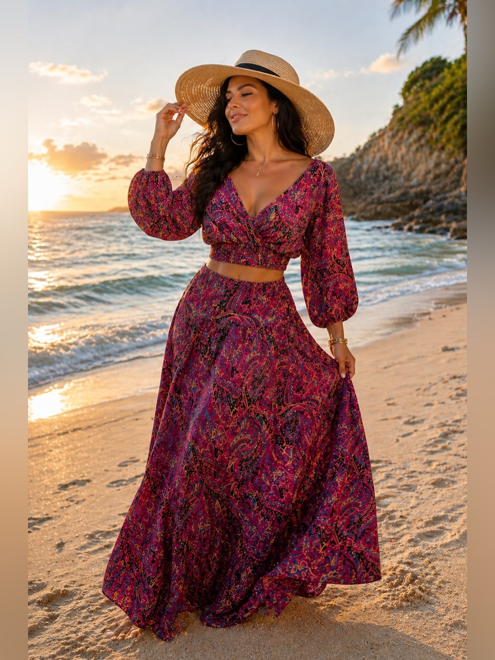 Bohemian Paisley Maxi Skirt Set in Magenta